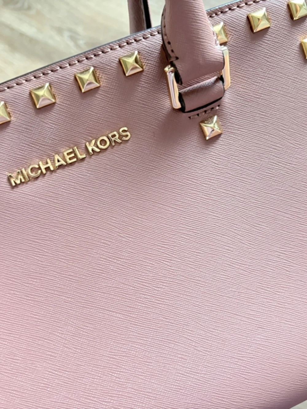 Michael Kors Selma Studded Medium Saffiano Leather Satchel Pink Gold Hardware